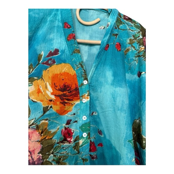 Aqua Bold Floral Split‎ Neck Button Womens Kaftan Aloha Tropical Cover Up OSFA - Picture 5 of 11